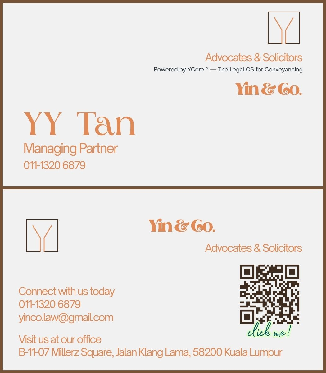 Yin & Co. business card, front and back: YY Tan, Managing Partner, with contact details and office address.
